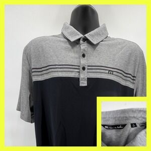 TravisMathew XL Polo Shirt Mens Gray Black Striped Performance Golf Heathered